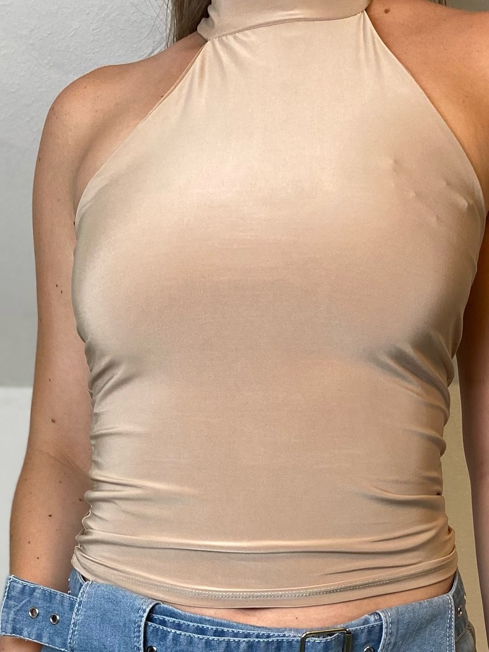 High-Neck Sleeveless Camisole Tank Top in Nude